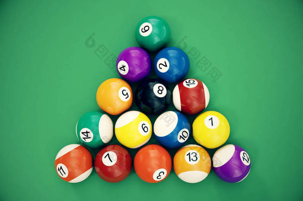 3d 插图台球球从顶视图上方的三角形排列。斯诺克，桌球，桌球概念