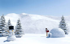北极的景观，与圆顶冰屋和雪人在圣诞假期，北极的雪场