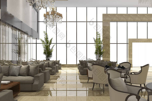 3d 渲染豪华宾馆接待处和休息室餐厅