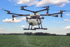 农业无人机飞到喷肥在绿色的田野上.