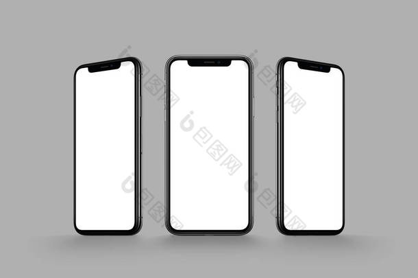 基于灰色背景的 iphone X 型智能手机多屏样机
