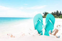 夏季的概念、 人字拖鞋、 夏天配件夏天海滩上