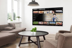 3d 渲染起居室的现代全景智能电视