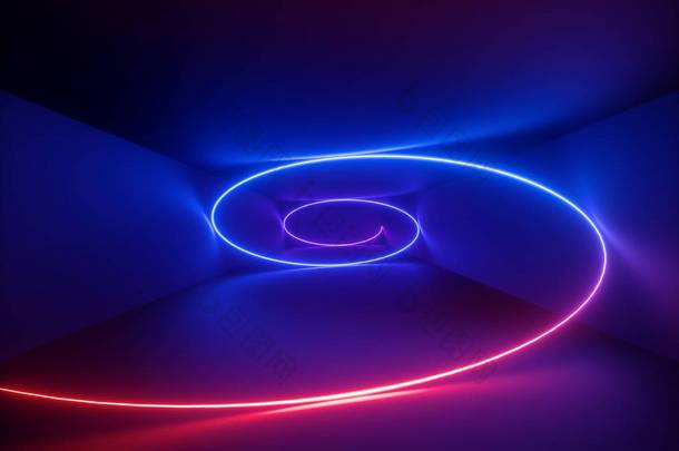 3d 渲染, 红色蓝色霓虹灯螺旋, 螺旋, 抽象荧光背景, <strong>激光显示</strong>, 夜总会内灯, 发光曲线线, 几何形状