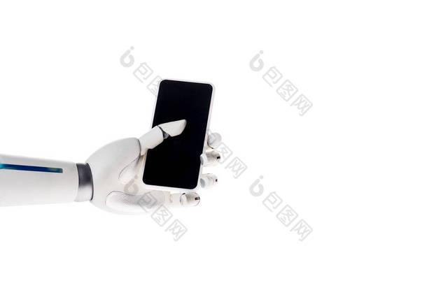 手持智能手机的机器人手持白色