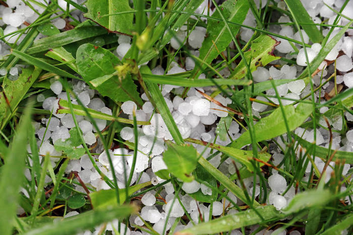 雷暴与冰雹和雨夹雪阵雨。地上的冰雹