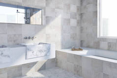 豪华浴室角落, 白色大理石地板, 瓷砖墙壁, 阁楼窗口, 淋浴附近的浴缸。3d 渲染