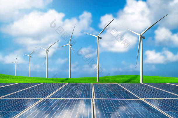 太阳能板和风力涡轮机农场在一个绿色的草地上<strong>起伏</strong>的山丘上的蓝天和白云在夏天。可再生清洁能源概念与可持续发展业务发展.