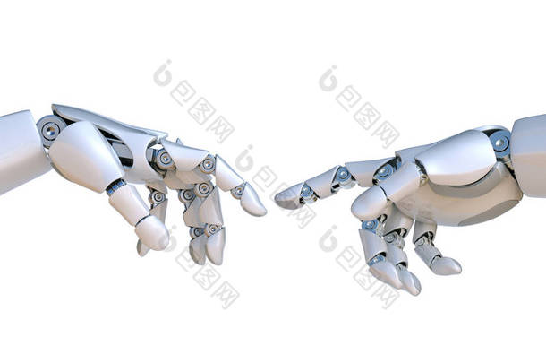 两个机器人手作为米开朗基罗的创作亚当3d 渲染