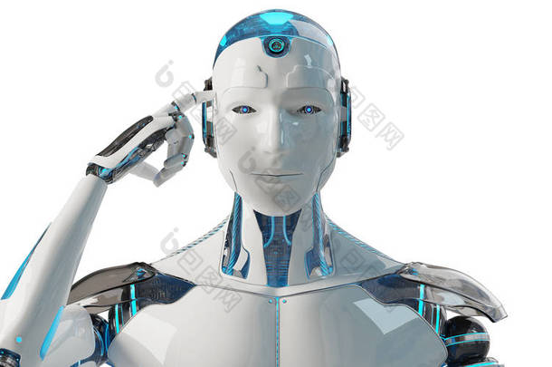 白色的男性机器人思考和触摸他的头被隔离在白色背景3d 渲染