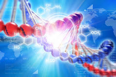 创造性的抽象 Dna 遗传研究科学医学技术分析概念: 3d 渲染 Dna 分子结构和研究数据空间的图解