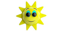 夏天的概念。emoji 表情太阳黄带黑色圆太阳镜微笑, 剪纸, 孤立在一个白色的背景。3d 插图.