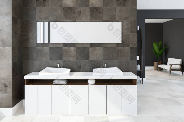 白色双水槽的虚荣单位附着在黑色<strong>瓷砖</strong>浴室墙<strong>上</strong>, 挂在<strong>上</strong>面的长水平的镜子。舒适的家庭和<strong>放</strong>松的概念。3d 渲染