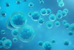 3d. 在蓝色背景下绘制人体或动物细胞。概念早期胚胎医学的科学概念、干细胞研究与治疗.
