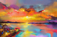 油画纹理上的彩色油画。具有阳光背景的海景画的印象派形象。现代艺术油画的日落在海和海滩。抽象当代艺术