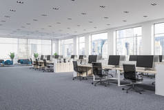 公司办公室拐角处有灰色地毯和一排白色电脑桌。工业风格的内部与白色的墙壁和大窗户的城市景观。3d 渲染模拟