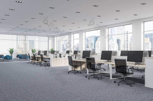 <strong>公司</strong>办公室拐角处有灰色地毯和一排白色电脑桌。工业风格的内部与白色的<strong>墙</strong>壁和大窗户的城市景观。3d 渲染模拟