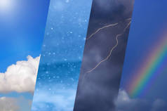 天气预报背景-品种天气情况, 明亮的太阳和降雪, 黑暗的暴风雨天空与彩虹.