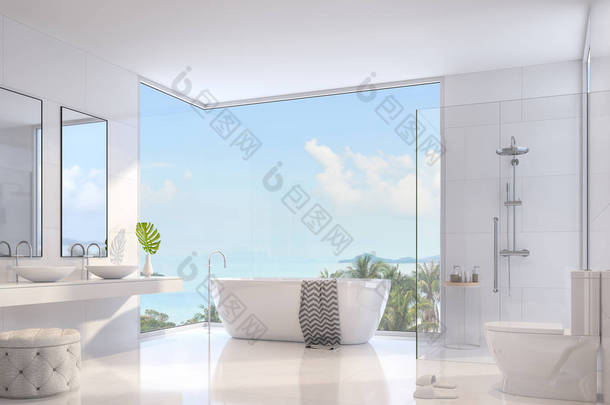 豪华浴室3d 渲染, 装饰与白色<strong>卫浴</strong>洁具, 玻璃墙淋浴, 双水槽和圆形浴缸, 有大窗户俯瞰海景.