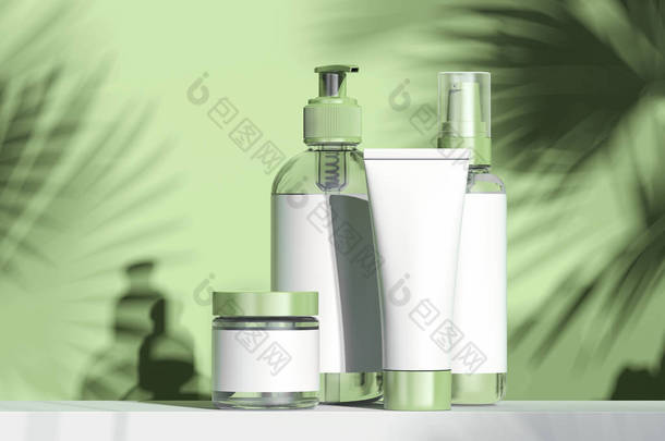 化妆瓶为奶油, 化妆水。空白塑料容器。3d 渲染.