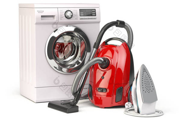 家电。组真空吸尘器、铁和洗衣机隔离在白色背景上。3d 插图