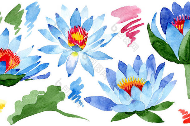 美丽的蓝色莲花在白色上被孤立。水彩背景插图。水彩画时尚孤立的莲花插画元素.