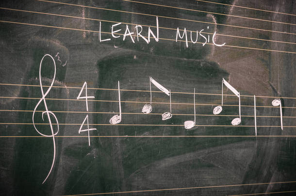 用白色粉笔写在黑板上的随机音乐<strong>音符</strong>。<strong>学习</strong>或教授音乐概念.