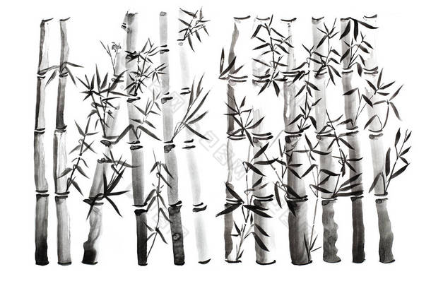 手绘竹叶和树枝套, 水墨画。传统的干书法画笔。(查出在白色背景)