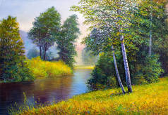 油画山水, 缤纷夏日森林, 美丽的河流 .