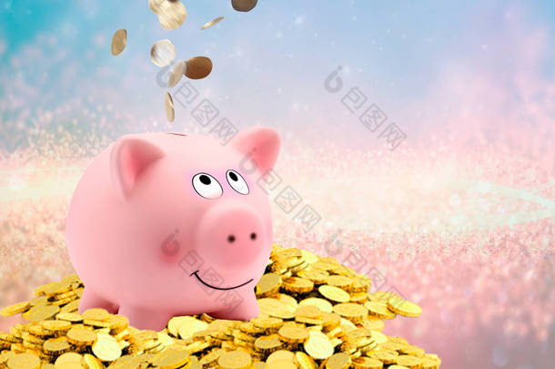 2019年是猪年, 黄金存钱罐与冬季背景, 书法翻译: 良好的祝福保存和财富