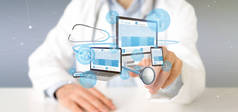 医生的意见手持设备与医疗图标和听诊器3d 渲染