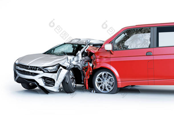 两辆车出事了撞车了一辆红色面包车对一辆银色轿车。巨大的伤害。隔离在白色背景上。从侧面查看.