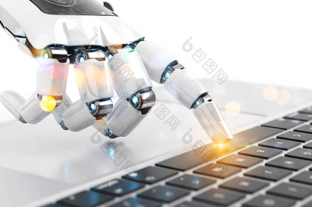白色机器人机器人机器人手按键盘在笔记本电脑3d 渲染