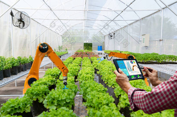农民在<strong>农业未来</strong>机器人自动化中举办平板智能机器人收获, 提高工作效率