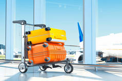 两个现代彩色空白行李箱与机场的背景, 3d 渲染.