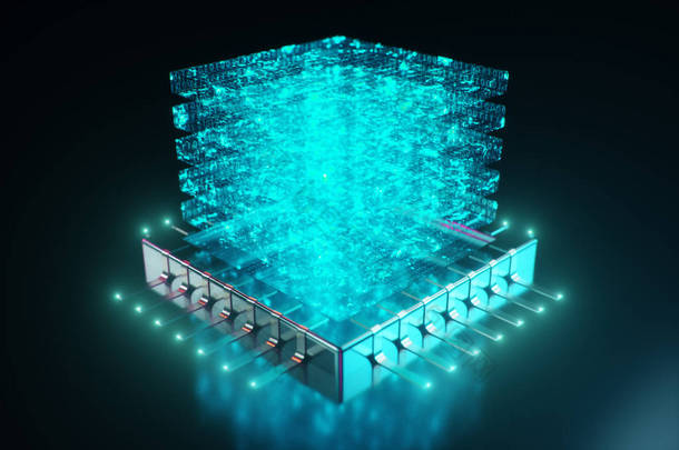 Ai-人工<strong>智能</strong> Cpu 概念。Cpu 上方的全息图。机器学习。Cpu 在板子上有发光痕迹。在蓝光背景科学概念。3d 插图