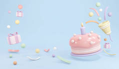 在生日派对背景的粉刷主题概念中，用蜡烛和派对吹毛求疵的方式3D渲染生日蛋糕。3D渲染示例.