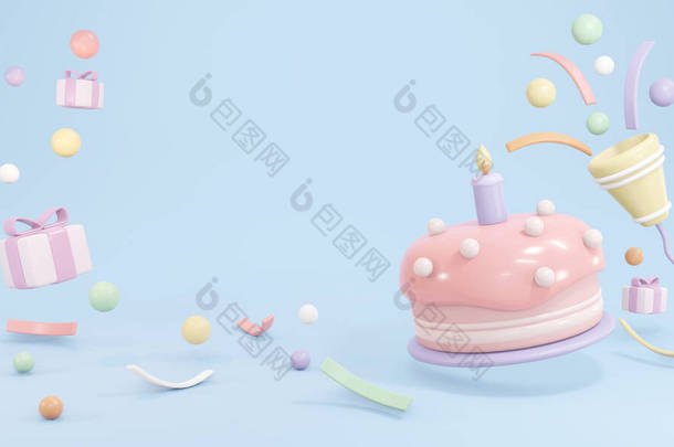 在生日派对背景的粉刷主题概念中，用蜡烛和派对吹毛求疵的方式3D渲染生日蛋糕。3D渲染示例.