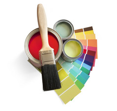 彩色的色板和漆罐和画笔在白色背景上