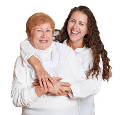 女孩和祖母上白色肖像，快乐家庭的概念