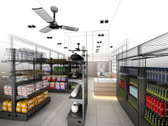 设计素描的超市，3d 渲染