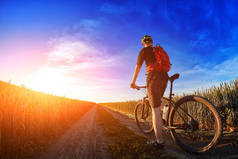 对美丽的天空在路上骑自行车的人骑山地自行车后视图.