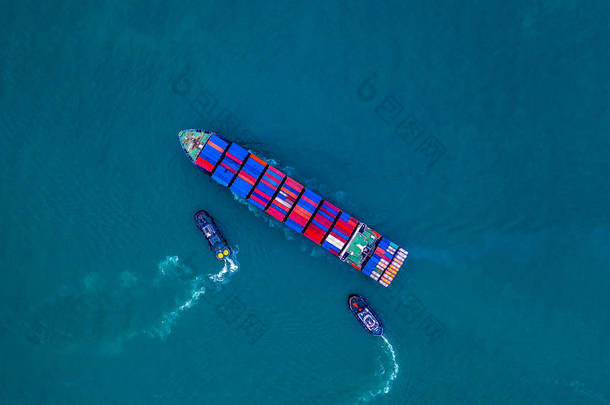 集装箱船，用于进出口集装箱，海上商业物流和运输，航空观察集装箱船 .