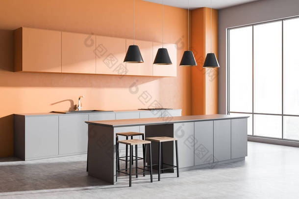 现代厨房的角落, 橙色和灰色的墙壁, 水泥地板, 全景窗户, 橙色<strong>柜子</strong>, 灰色的台面和灰色酒吧与凳子。3d 渲染