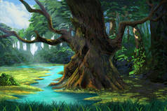河边森林中的古树。视频游戏数字Cg艺术作品，概念插图，逼真的卡通风格背景
