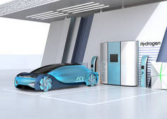 燃料电池驱动的自主汽车填充气体在燃料电池氢站。3d 渲染图像.
