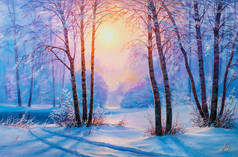 冬季森林中的柏树。油画景观.