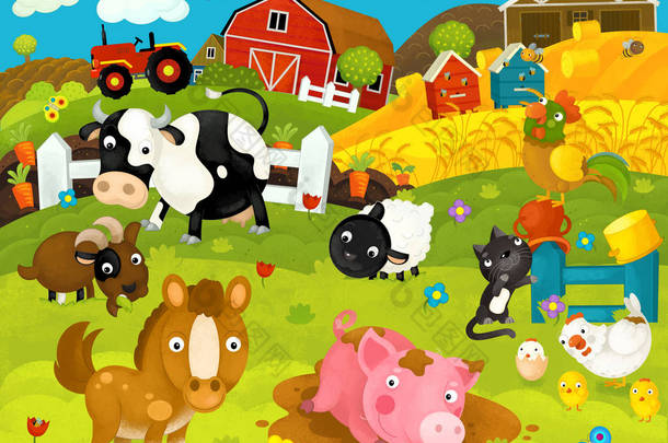 卡通快乐和有趣的农场场景与快乐的动物 - 插图为儿童