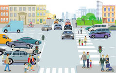 城市街道上行人和汽车的道路交通