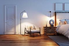 白色卧室内部，有木制地板扶手椅和地板护栏